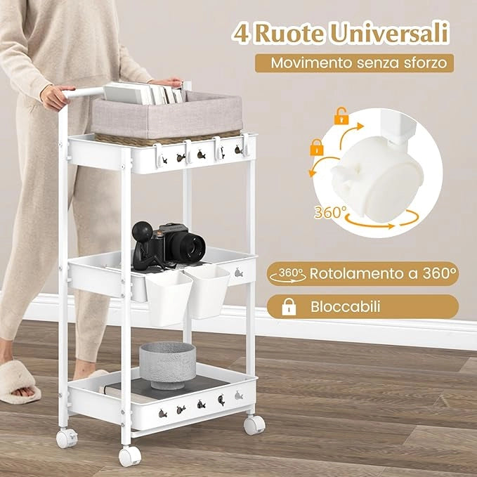 Carrello Portaoggetti a 3 Livelli con Ruote, Carrello di Stoccaggio con 2 Tazze Appese e 4 Ganci, Organizzatore Mobile con Maniglia per Ufficio Soggiorno Cucina e Bagno, Multiuso
