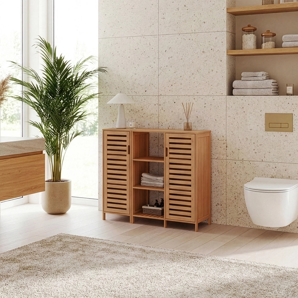 Mobile Contenitore Hakseri a 2 Elementi con Ante e Vani Aperti 87 x 99 x 33 cm in Bambù Naturale [en.casa]