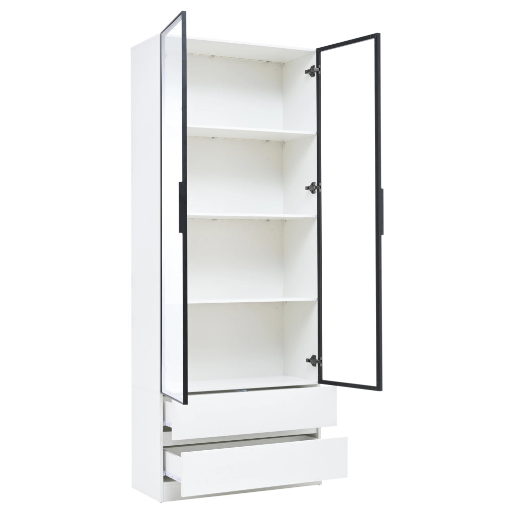 Vetrina con LED, 2 ante e 2 cassetti, per soggiorno e studio, in MDF e vetro temperato, bianco, 80 × 34 × 200 cm
