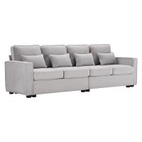 Divano Moderno a 4 Posti in Tessuto di Lino con Tasche sui Braccioli e 4 Cuscini Lombari, Adatto per Soggiorno e Ufficio, 264x83x87 cm, Grigio