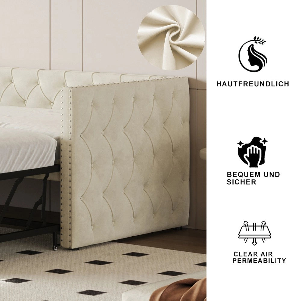 Letto Imbottito Estraibile con Rete a Doghe ¨C MINIMAL ¨C Velluto Beige 90x200