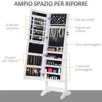 Armadio Portagioielli Portagioie Specchio Regolabile 20 Luci LED, Legno, Bianco, 40x37x146 cm