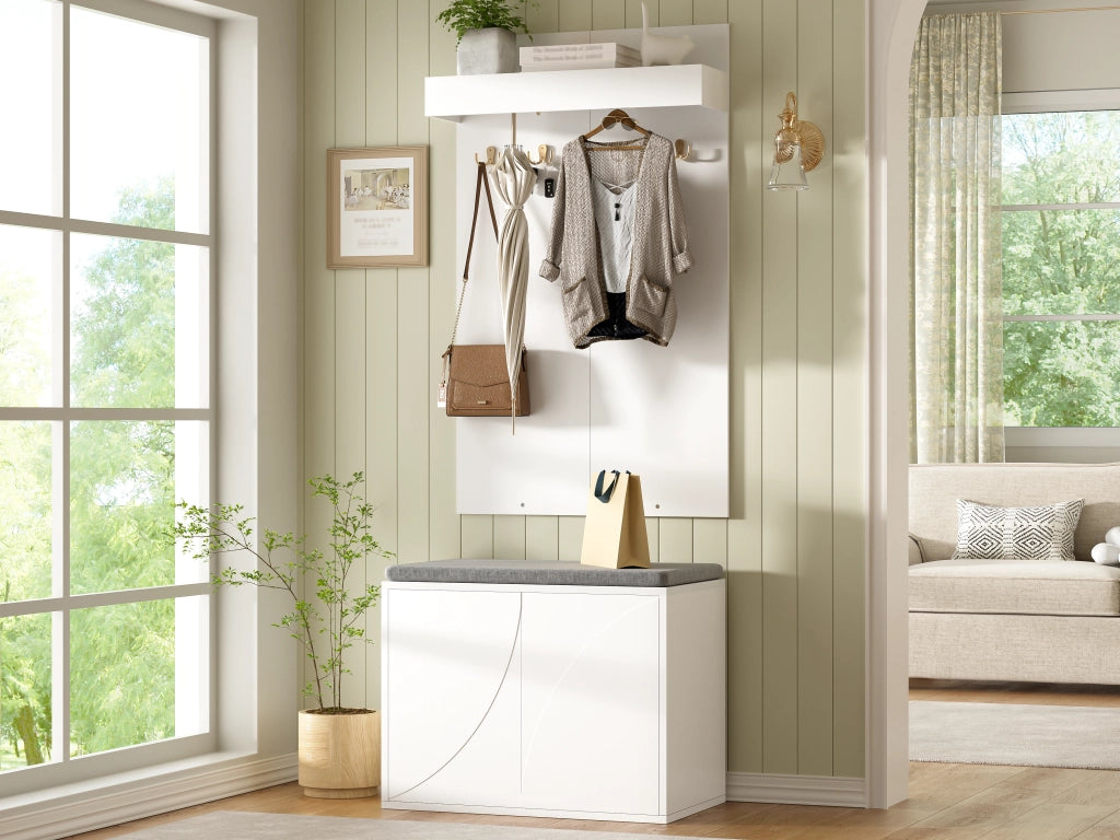 Set ingresso 3 in 1 con attaccapanni, scarpiera a 2 ante e panca porta scarpe, bianco, 60¡Á35¡Á(45+100) cm
