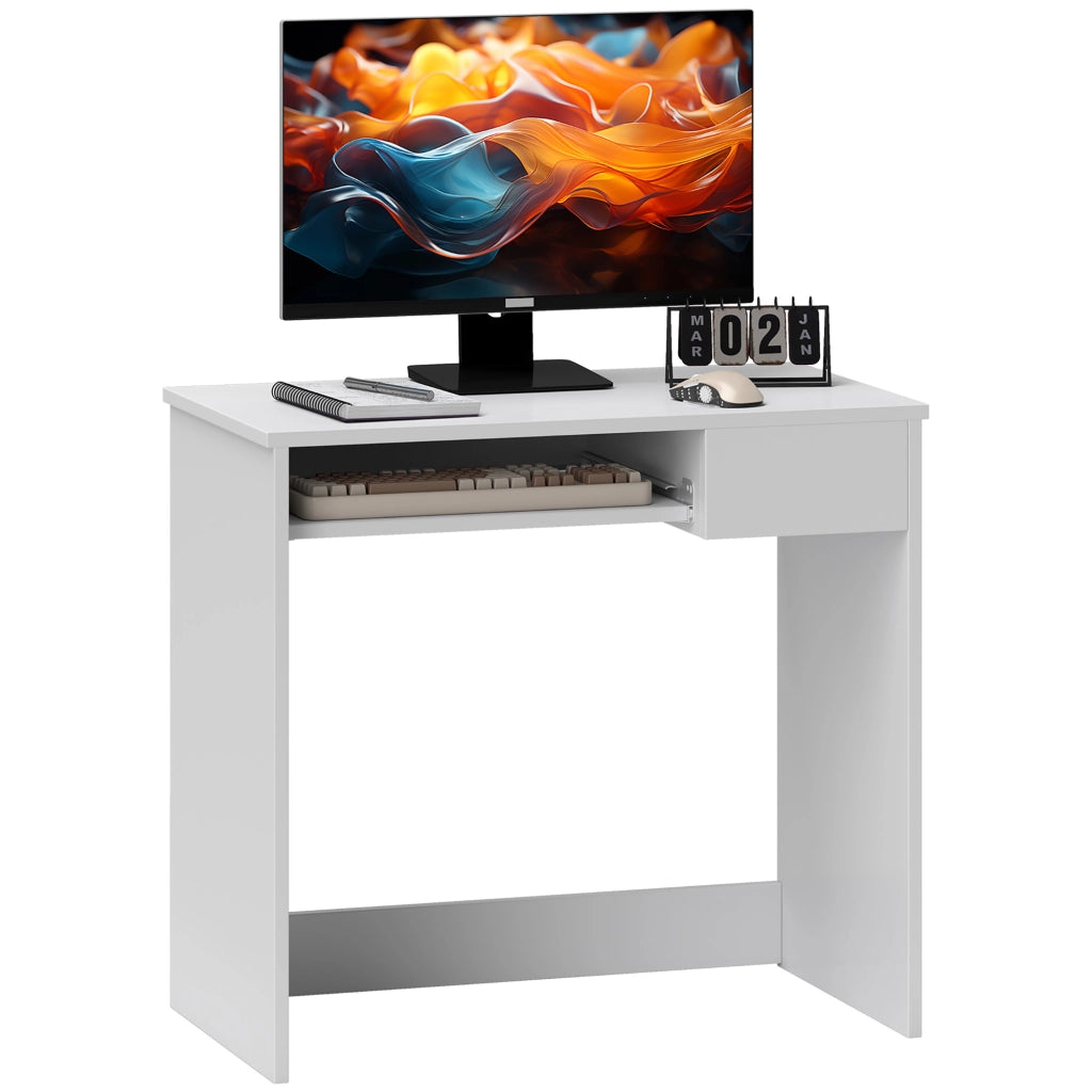 Scrivania per Computer e Ufficio Salvaspazio 80x45x75 cm con Ripiano Tastiera e Cassetto Bianco Moderno per Studio e Casa