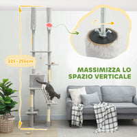 Albero Tiragraffi a Soffitto con Altezza Regolabile 225-255 cm con Casetta e Amaca in Peluche e Sisal Grigio Chiaro
