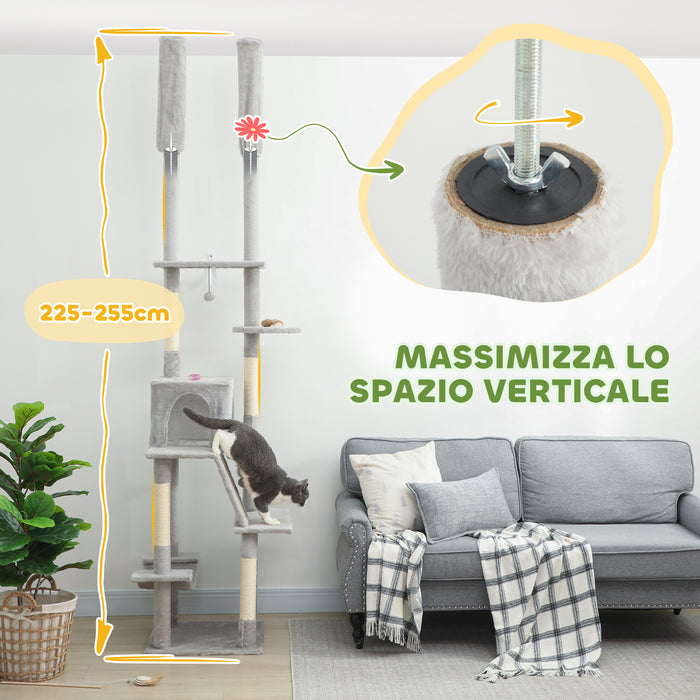 Albero Tiragraffi a Soffitto con Altezza Regolabile 225-255 cm con Casetta e Amaca in Peluche e Sisal Grigio Chiaro