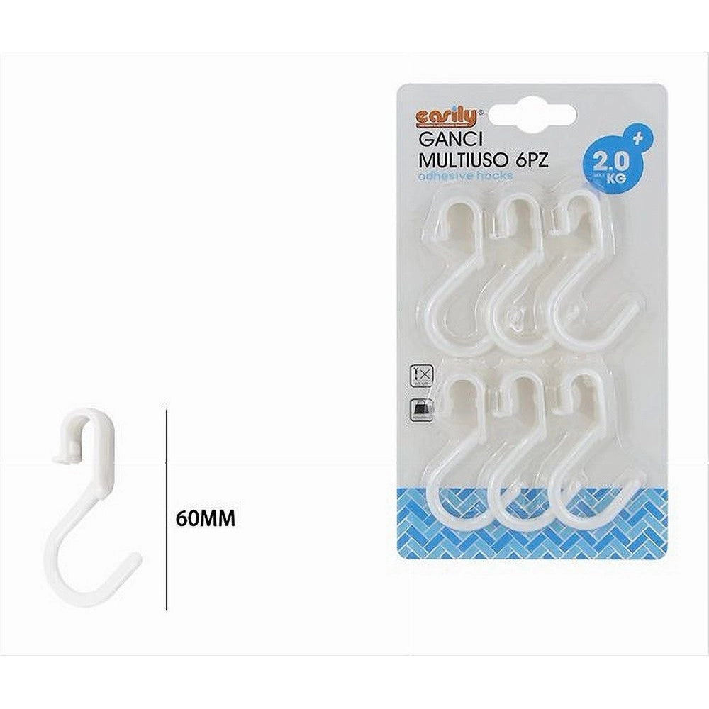 Trade Shop - Set 6 Pz Ganci Multiuso Forma S Salvaspazio Per Cucina Bagno Casa Bianchi 87365 -