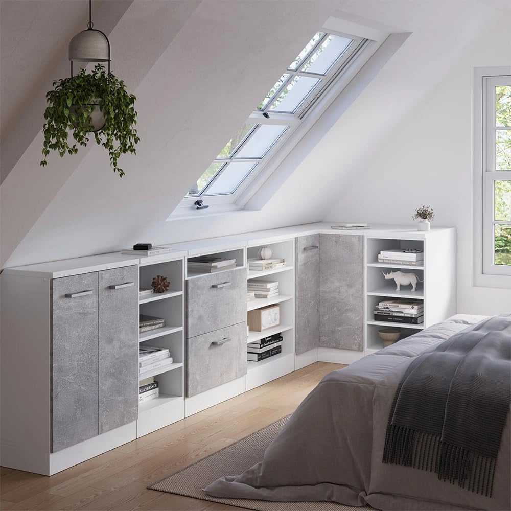 Armadio per tetto spiovente Rion, Bianco, 60 x 81.8 cm con 4 scomparti, carcassa 60 cm profondità, adatto per il salvaspazio sotto tetti spioventi