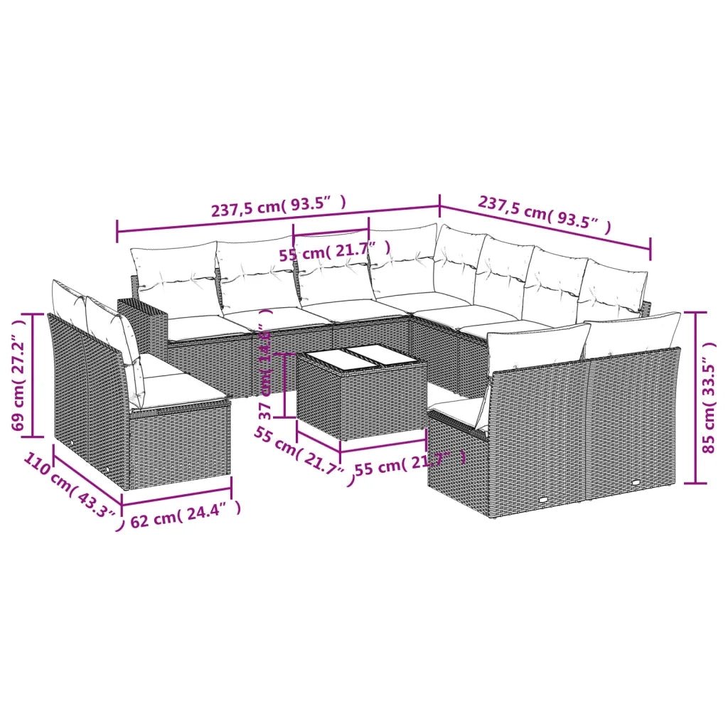 Set Divani da Giardino 12 pz con Cuscini Nero in Polyrattan 3219126