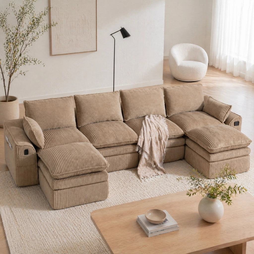 Divano modulare in tessuto a coste kaki con tasche laterali e cuscini 335 × 167 × 85 cm