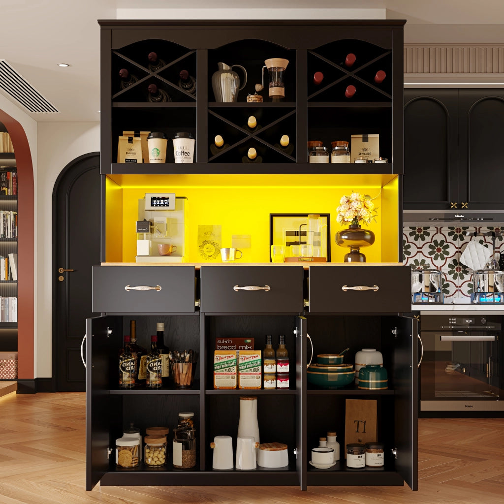Credenza Cucina Alta con 3 Ante; 3 Cassetti e LED; Ripiani Regolabili; in MDF; Nero; 120 x 40 x 180 cm