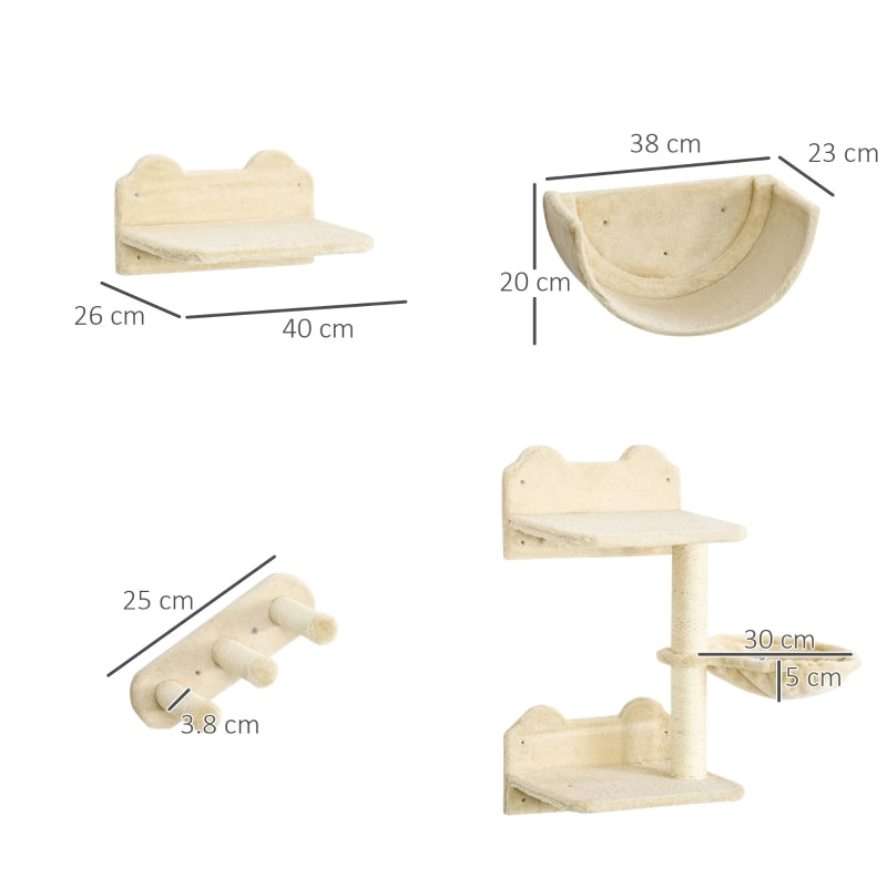Parete giochi per gatti 4 pezzi con tiragraffi, piattaforma, scaletta e cuccia semicircolare, beige