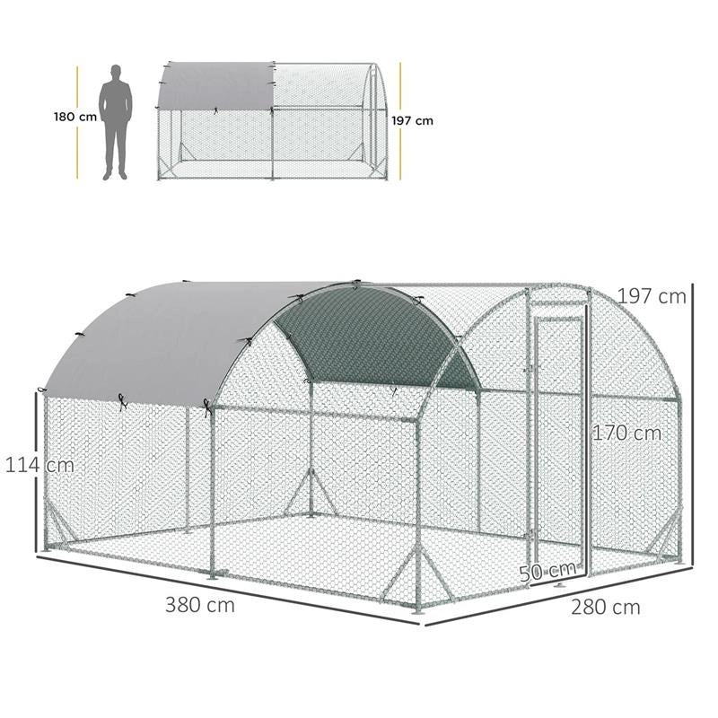 RECINTO PER GALLINE IN METALLO GALVANIZZATO CON TETTO E COPERTURA ANTI UV, 280X380X197 CM, ARGENTO