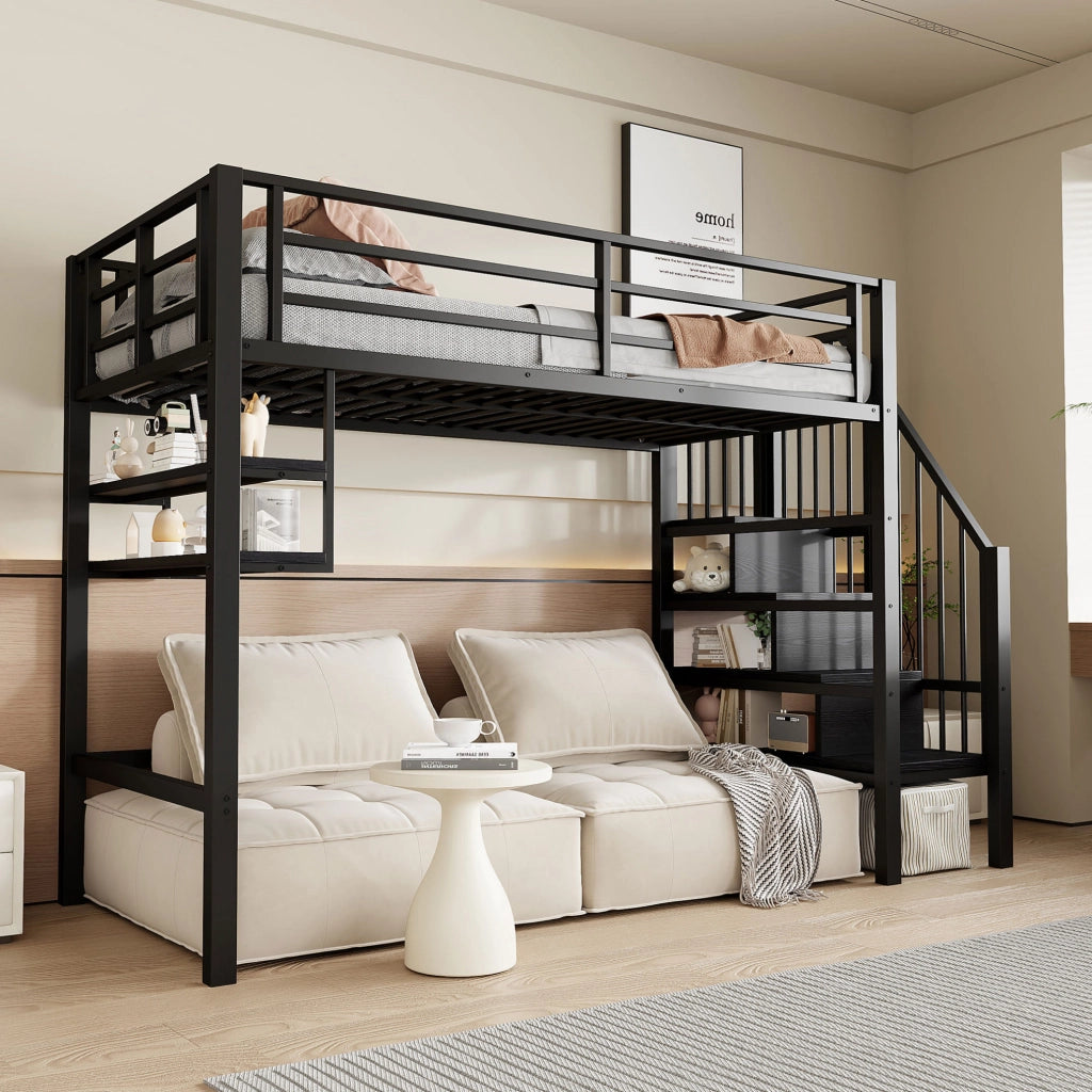Letto a soppalco per bambini 90x200 cm nero con scaffali