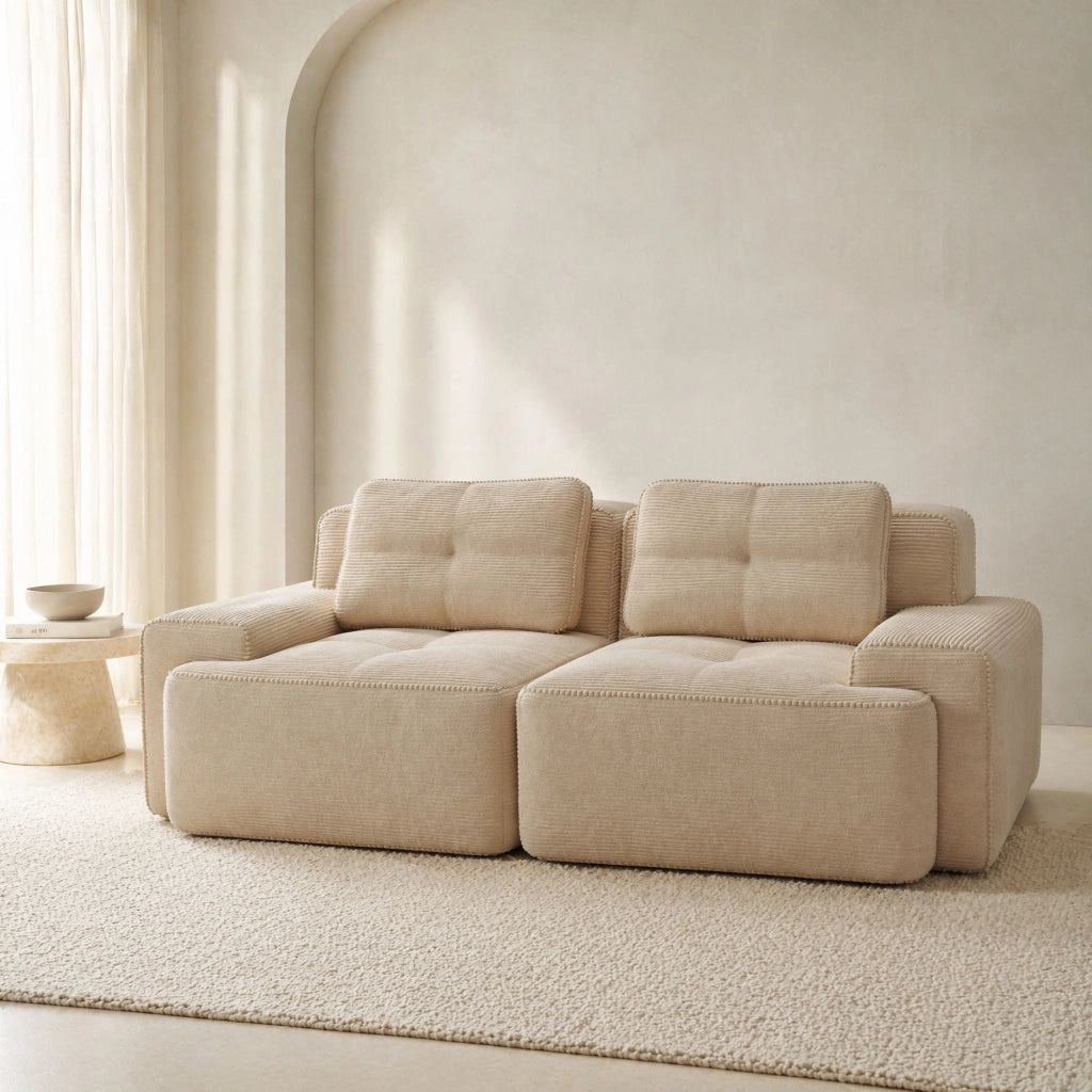 Divano modulare boneless in corduroy beige; seduta profonda 74 cm