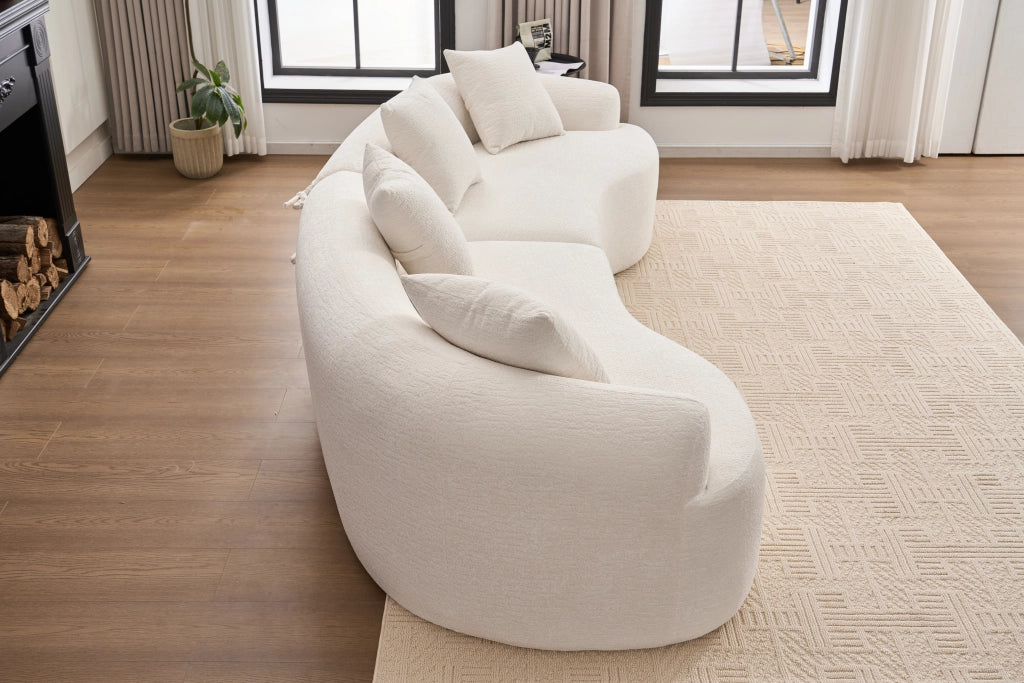Divano angolare modulare 4 posti con design curvo in ciniglia, seduta comoda, bianco 275 × 115 × 63 cm