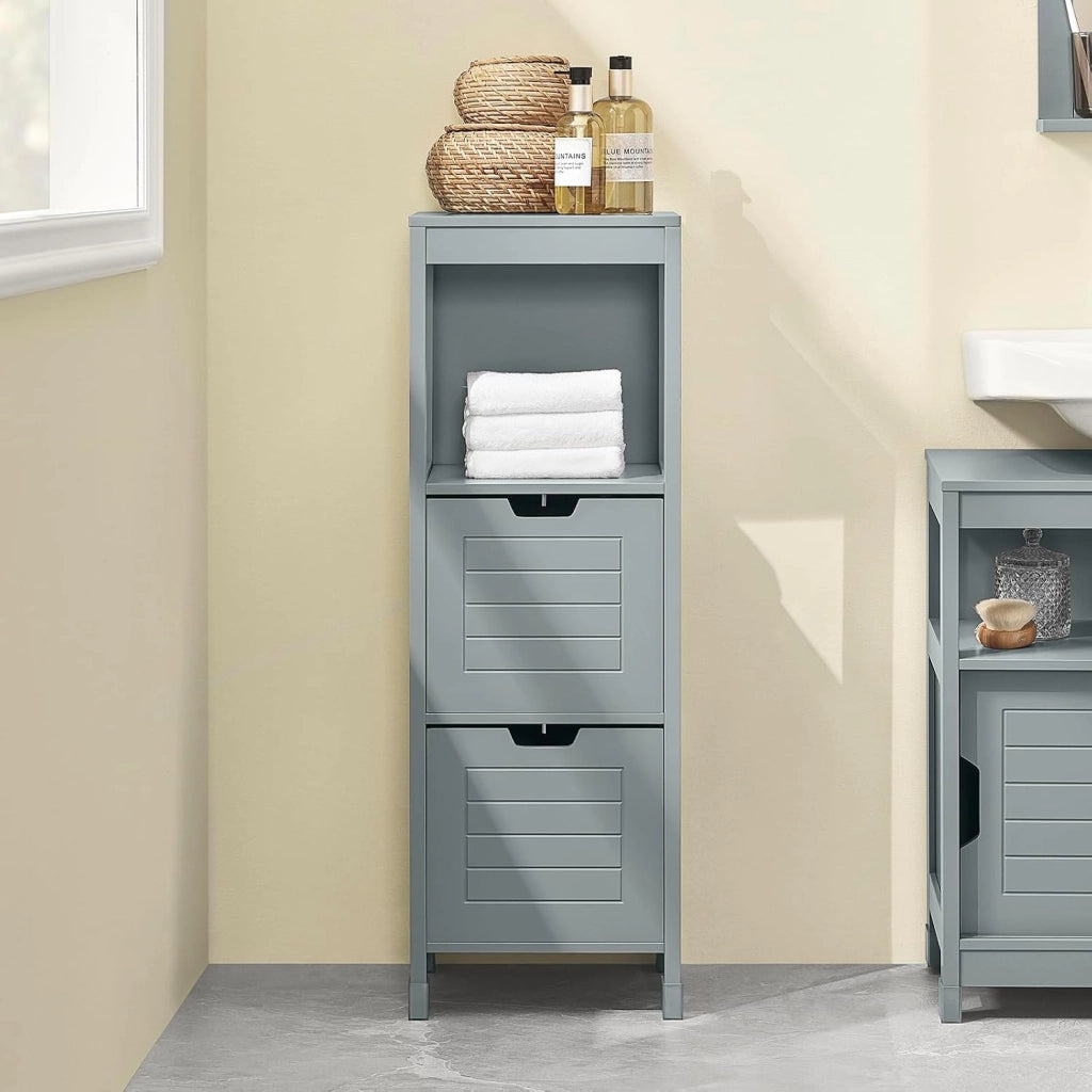 Mobile Bagno Cassettiera – Mobiletto Stretto con 2 Cestini – Armadietto Salvaspazio per Piccoli Bagni e WC, Mobiletto Bagno in Legno, Grigio, 30x89x30 cm, FRG127-SG