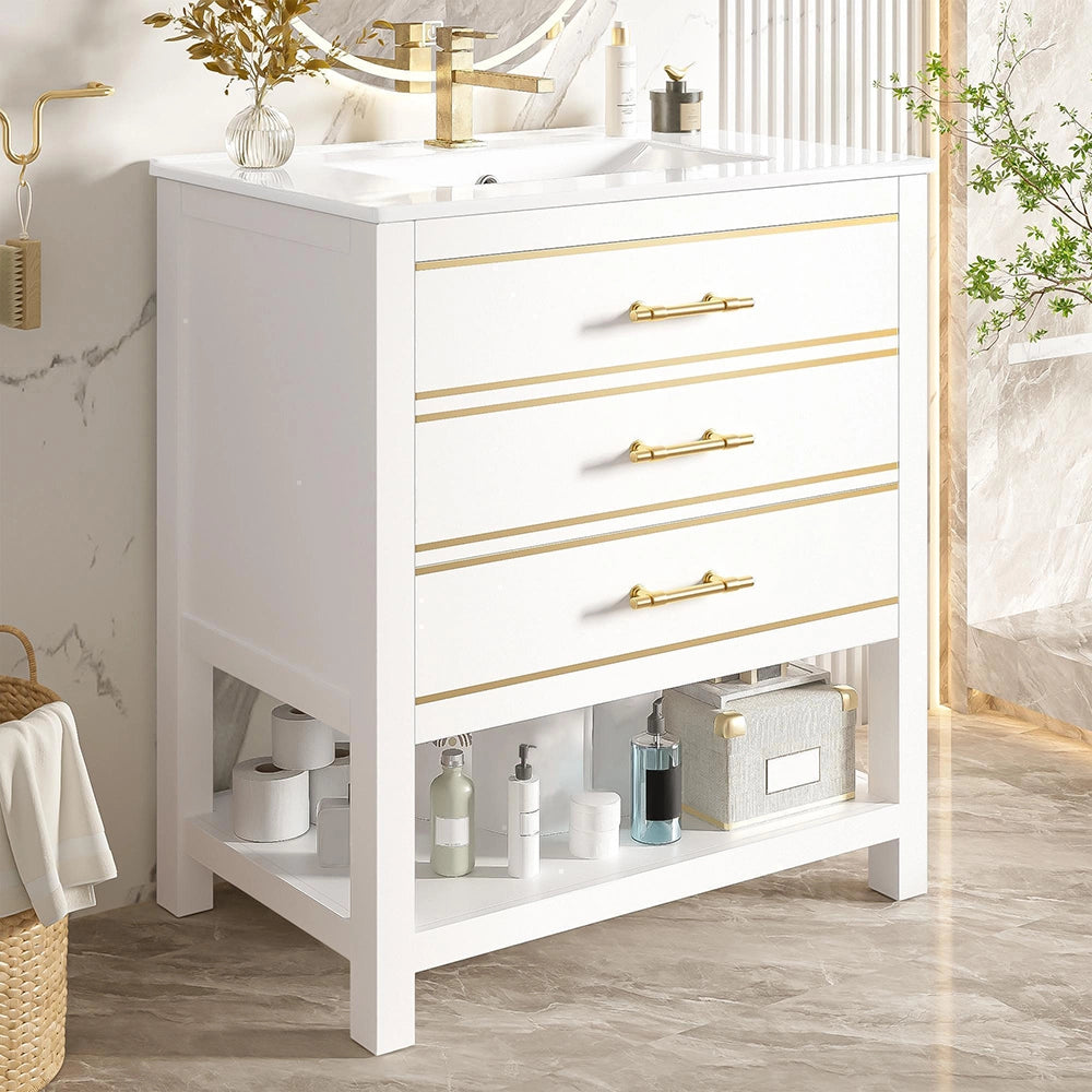 Mobile sotto lavabo in ceramica - Xylo - Bianco, 2 cassetti, maniglie dorate