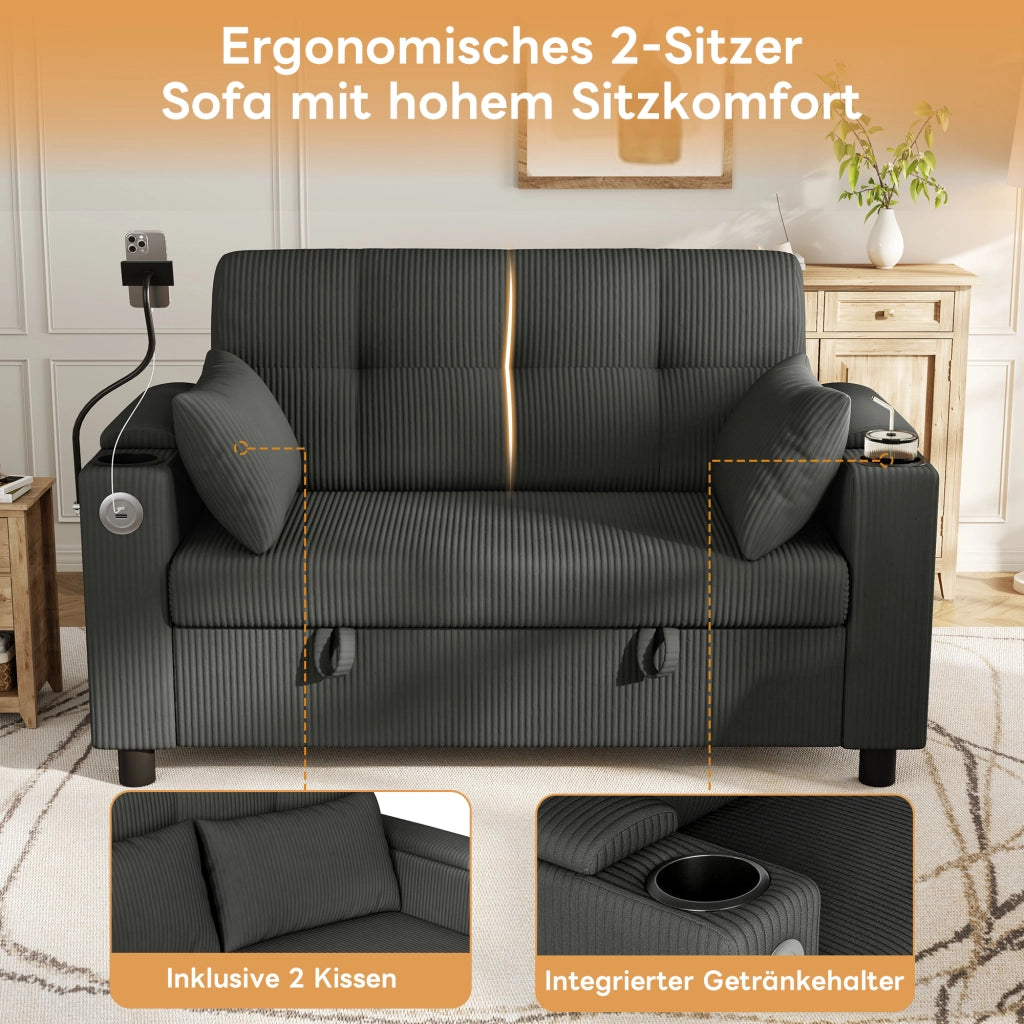 Divano 2 posti moderno con contenitore; USB/Type-C e portabicchieri; 136;5 cm; grigio
