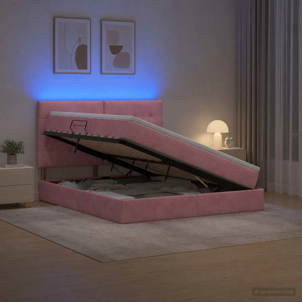 Letto con contenitore LED e materasso Rosa 160 x 200 cm Velluto 3460145