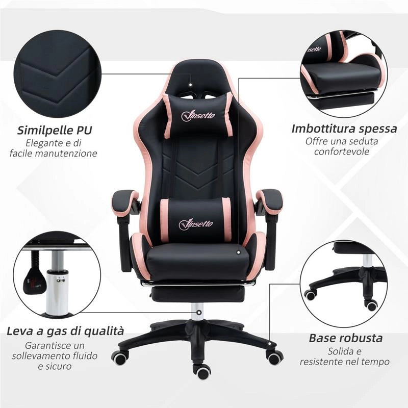 SEDIA DA GAMING CON ALTEZZA REGOLABILE E SCHIENALE RECLINABILE ROSA E NERO