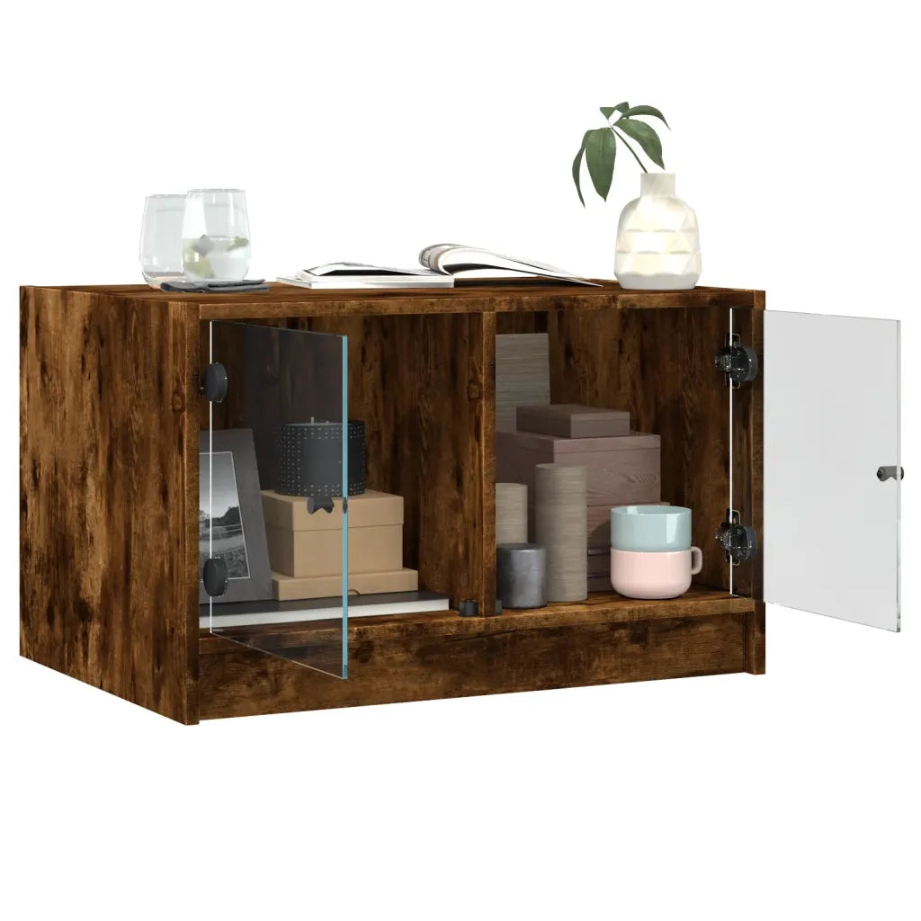 Tavolino da salotto | Tavolino da caff¨¨ | Tavolino da Soggiorno con Ante in Vetro Rovere Fumo 68x50x42 cm