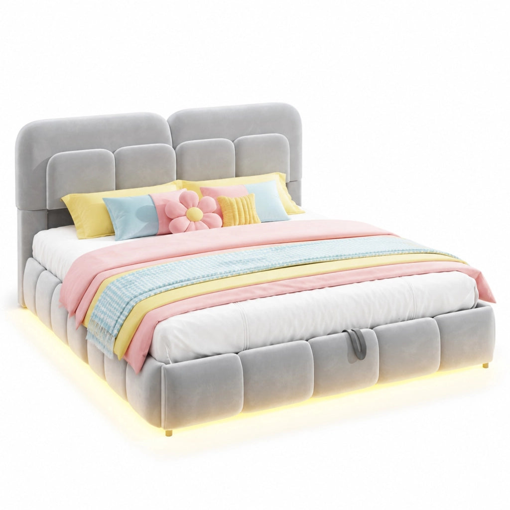 Letto contenitore 140x200 cm in velluto grigio con LED, senza materasso