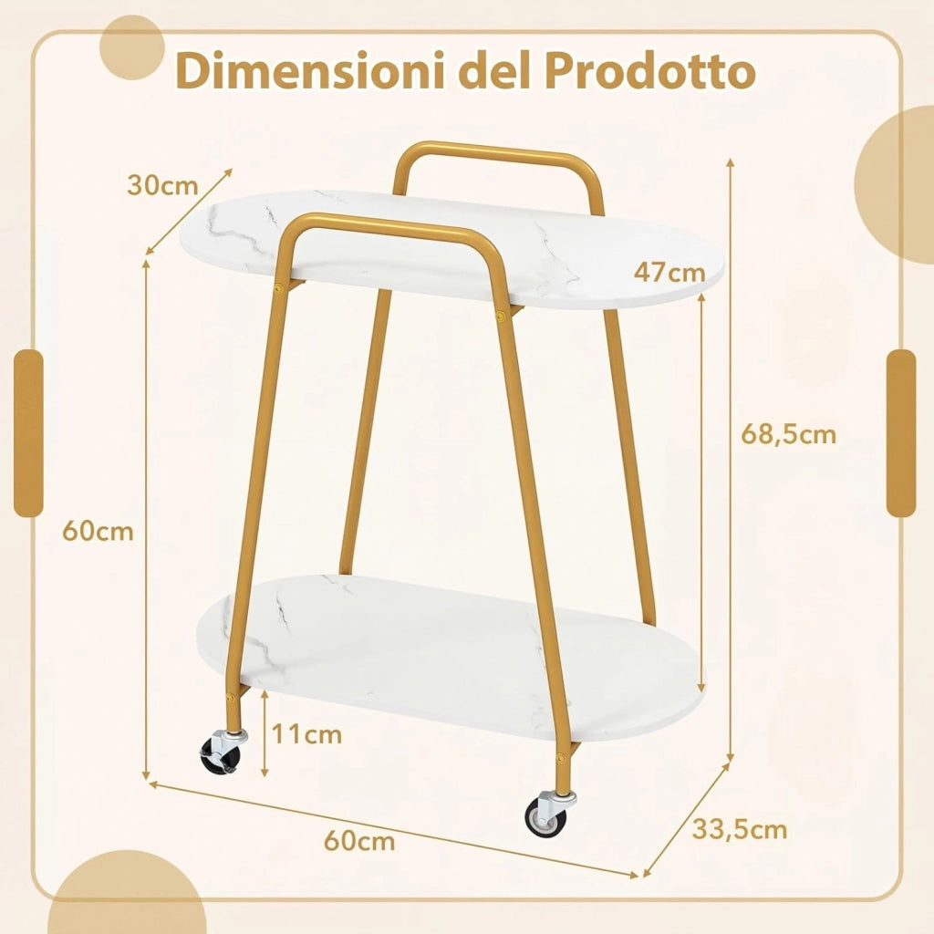 Tavolino Laterale da Divano con Ruote, Tavolino da Salotto a 2 Ripiani con Superfici in Marmo Artificiale, Ruote Bloccabili e Struttura in Metallo, Tavolo per Camera da Letto e Soggiorno