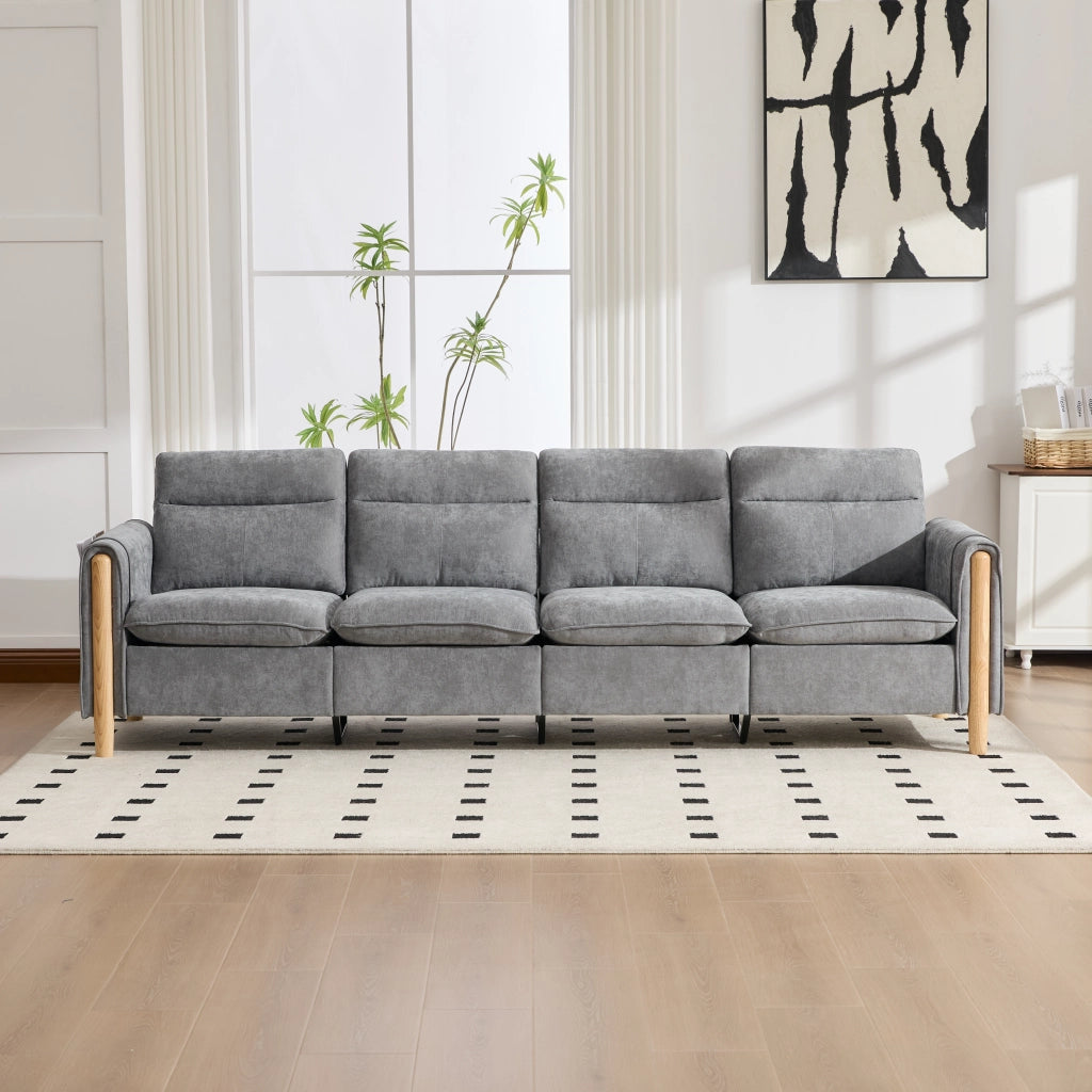 Divano angolare convertibile 4 posti con contenitore e tasche laterali in Chenille grigio chiaro