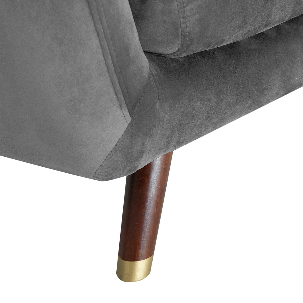Divano in velluto grigio a 3 posti con schienale capitonnè imbottito con gambe in legno