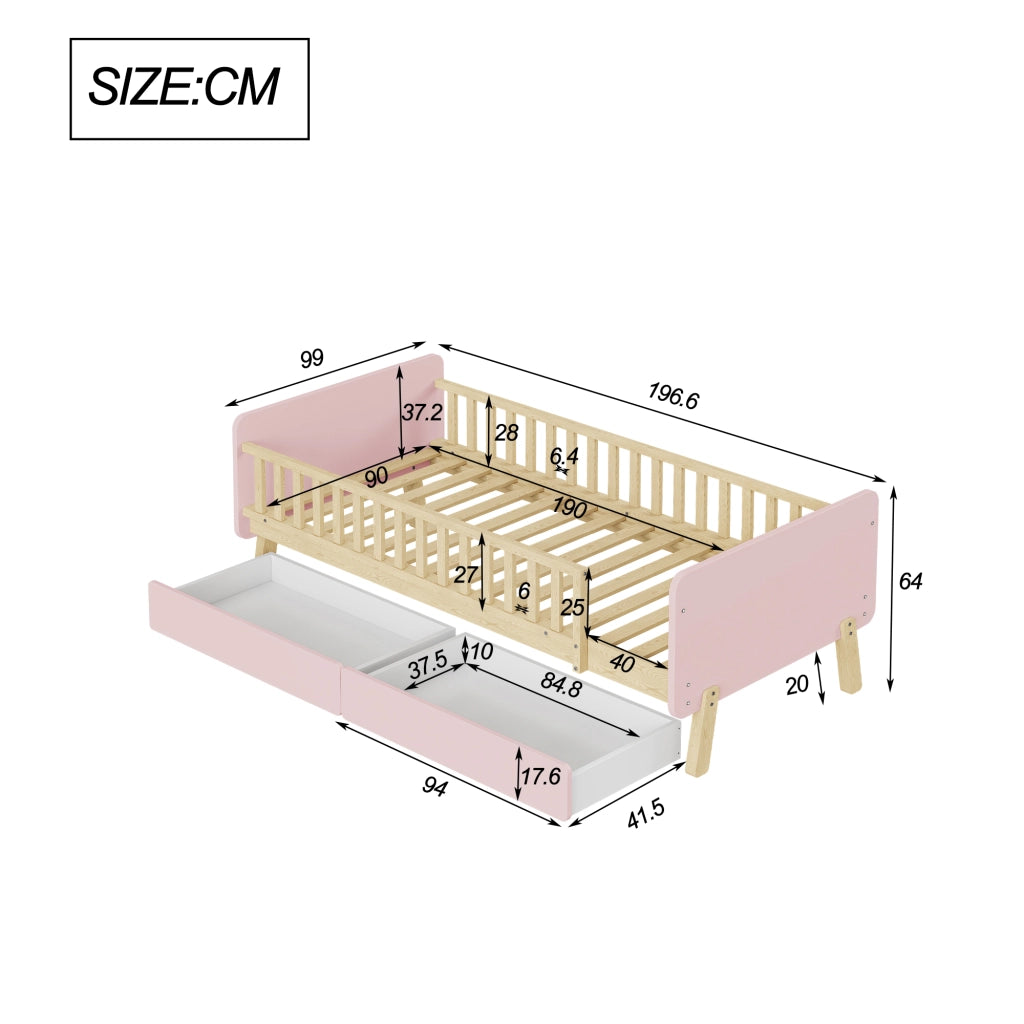 Letto Singolo con 2 Cassetti ¨C MINIMAL ¨C Massello Rosa 90x190 con Doghe
