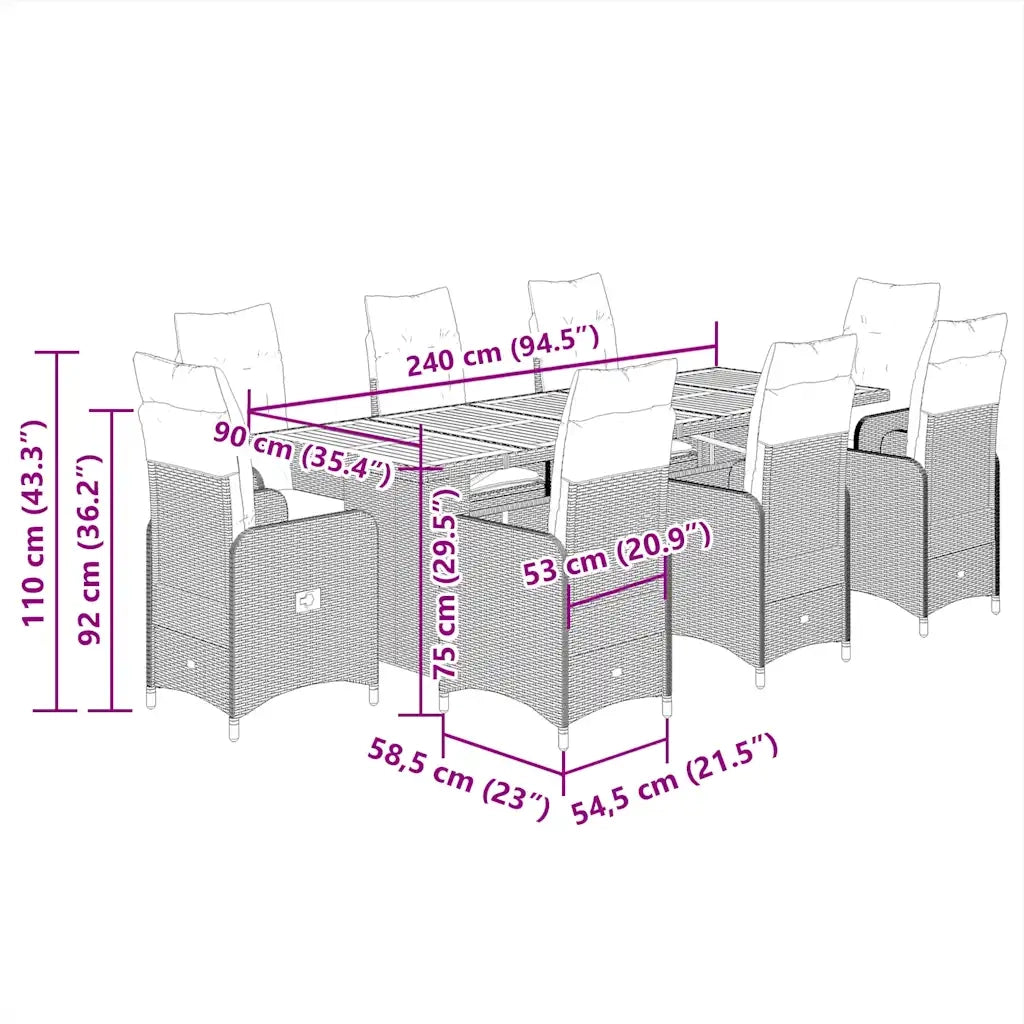 Set Bistrò da Giardino 9 pz con Cuscini in Polyrattan Grigio 3277293