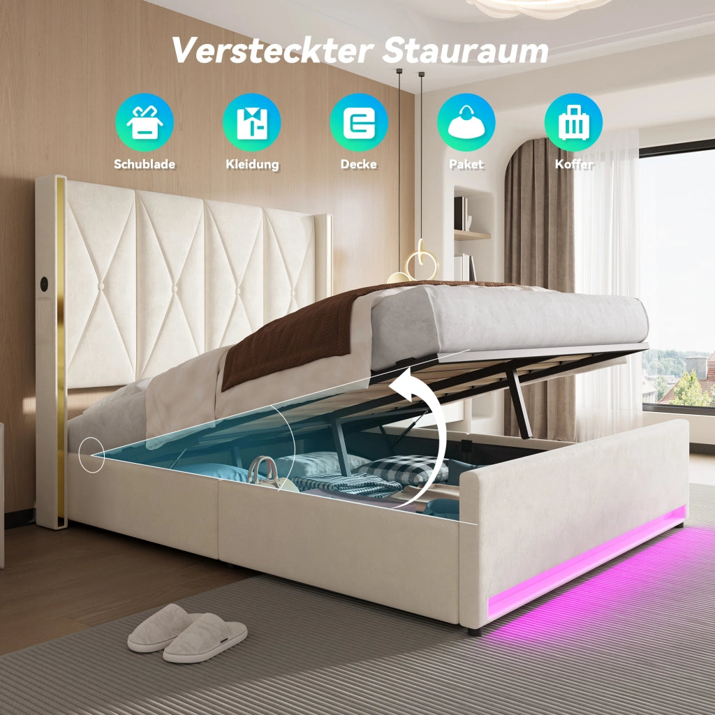 LETTO Contenitore 160x200 cm in Velluto Beige con USB, LED e tasche laterali