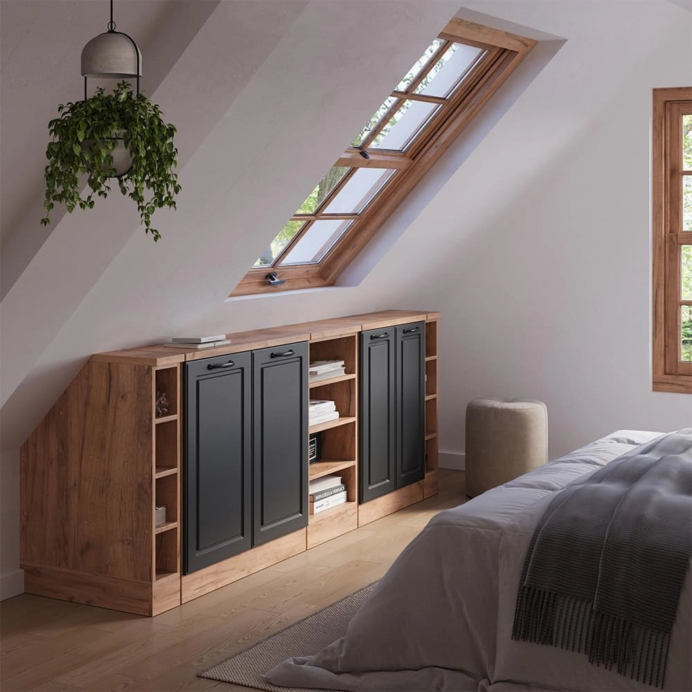 Set di mobili sottotetto Rion, Antracite casa di campagna, 210 cm Set di 5 carcasse armadio profondità 60 cm, adatto per il salvaspazio sotto tetti spioventi