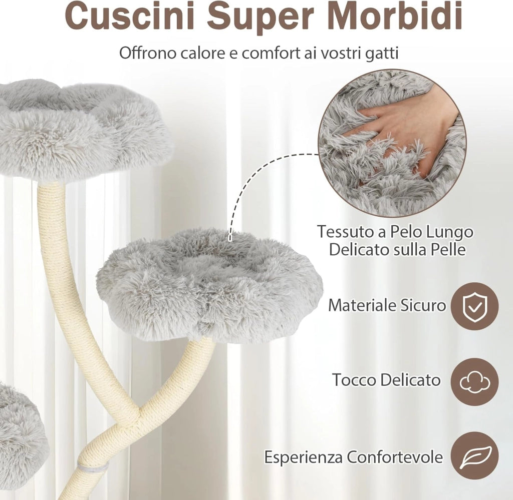 Tiragraffi per Gatti Alto 165cm,Alberi per Gatti con 4 Piattaforme, Tiragraffi in Sisal e Tubo di Supporto Robusto, Mobili per Animali da Interno (Grigio)