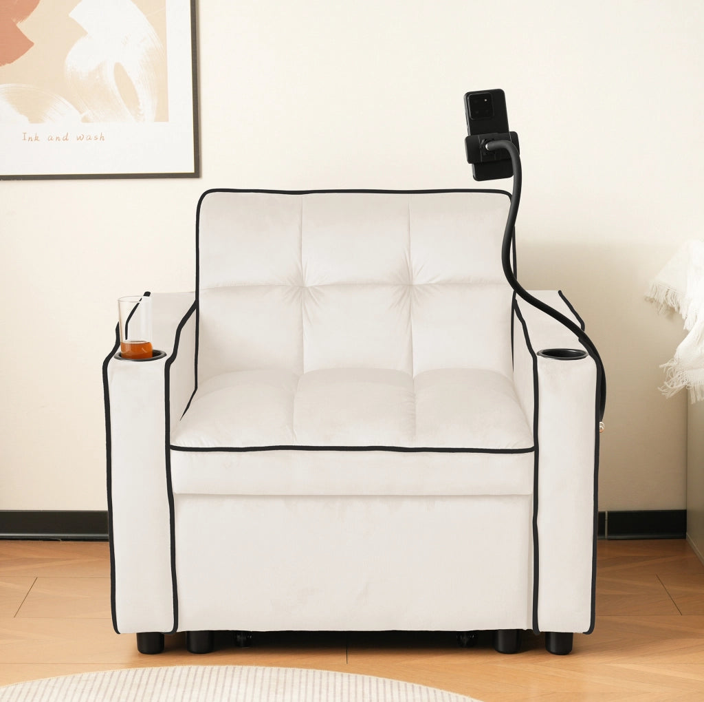 Divano letto singolo 3 in 1 estraibile con portabicchieri e porta telefono; beige 83x167x76 cm
