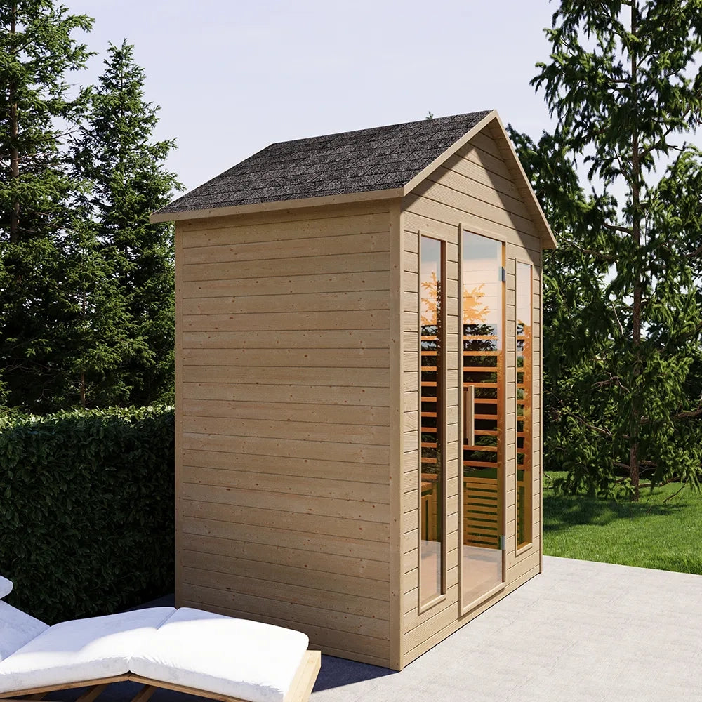 Sauna da esterno infrarossi 120x180 cm H208 da 2 o 4 posti in legno di abete con radio integrata | Pori