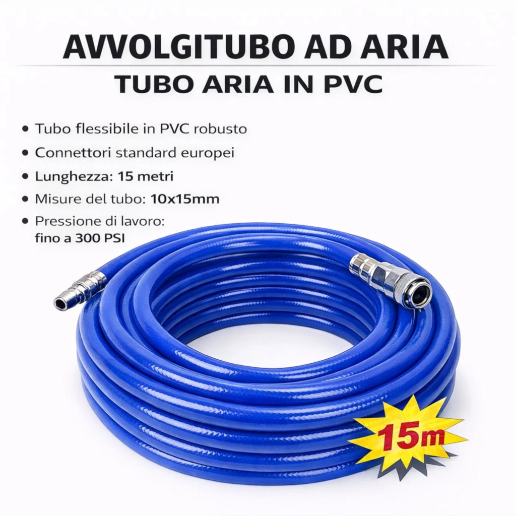 Tubo Aria Compressa 15m PVC Rinforzato 300 PSI Attacco Rapido 1/4'' 10x15 mm
