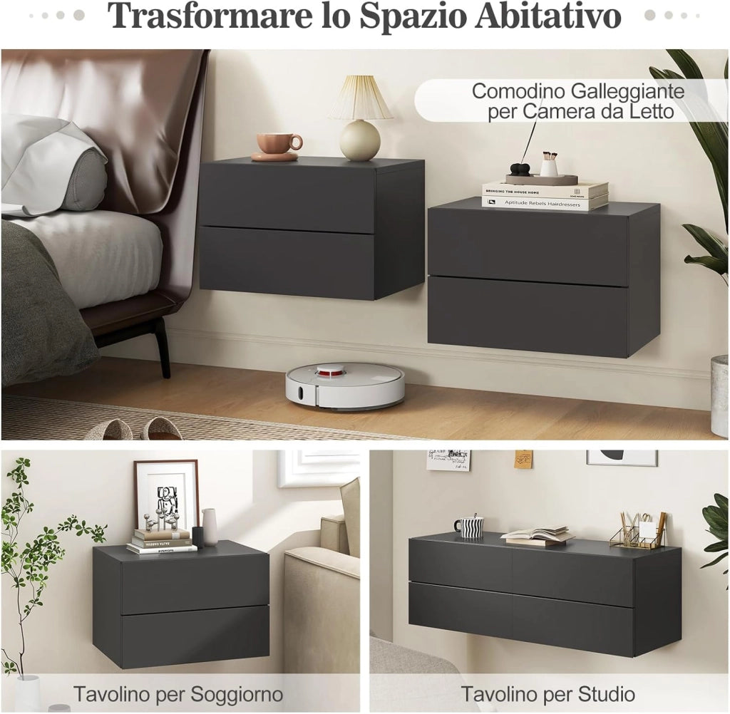 Comodino Camera da Letto Sospeso, Comodino in Legno con 2 Cassetti Salvaspazio, Comodino per Cameretta Moderno da Parete, per Soggiorno, 42 x 30 x 28 cm (Grigio)
