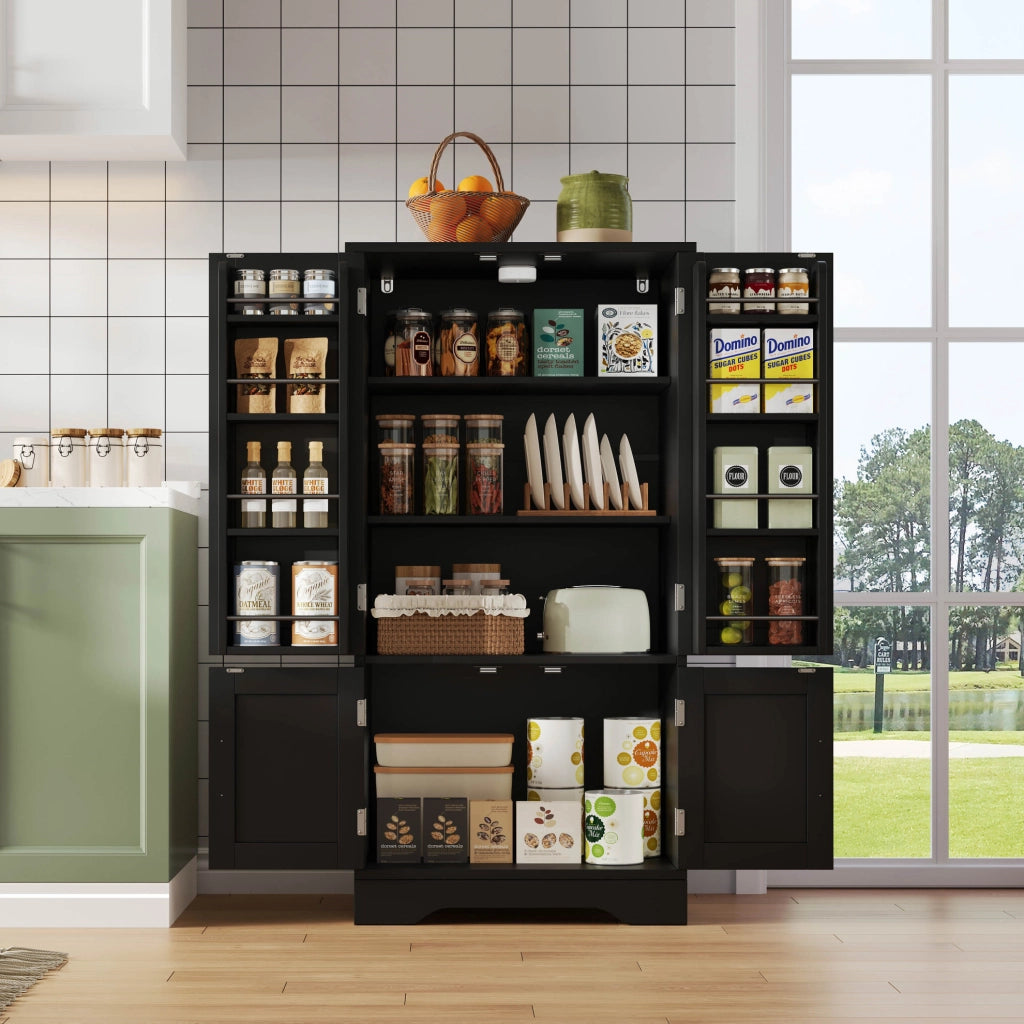 Credenza alta moderna 120x60x40 cm in MDF, 4 ante, con luce LED a sensore, nero