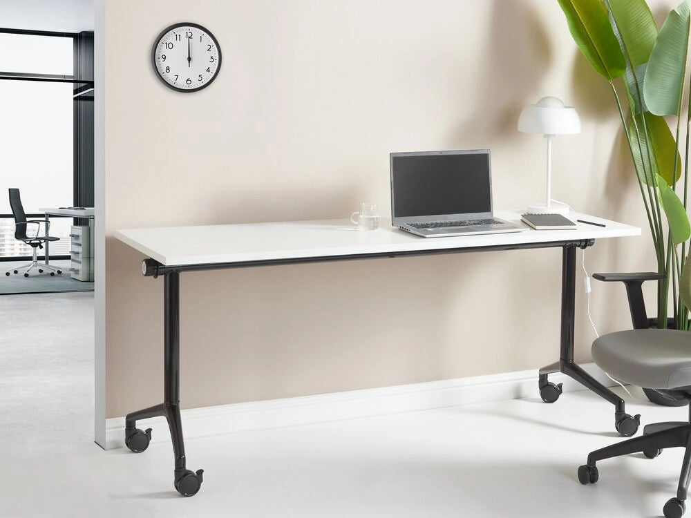 Scrivania rettangolare pieghevole con rotelle portatile con struttura in metallo bianco e nero 180 x 60 cm stile moderno