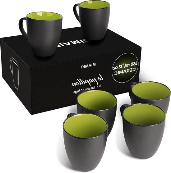 Set di 6 tazze da caffè in ceramica - 350 ml - esterno nero - interno colorato - set di 6 tazze da caffè con coperchi verde