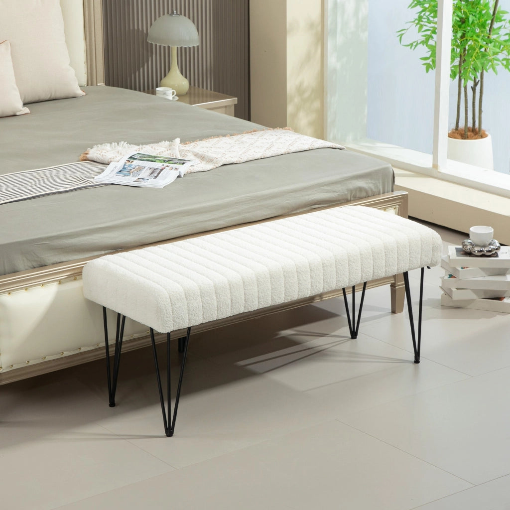 Panca Fondoletto in Tessuto Effetto Ciniglia Gambe a Forcina in Metallo 118,5x46x49,5 cm Crema