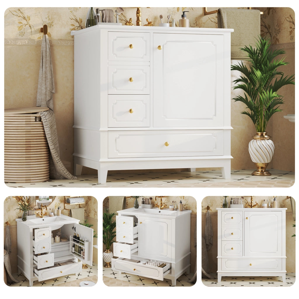 Mobile sottolavabo con lavabo in ceramica, 3 cassetti, vano con ripiano e maniglie oro, per bagno, 76,5 × 47 × 87,5 cm