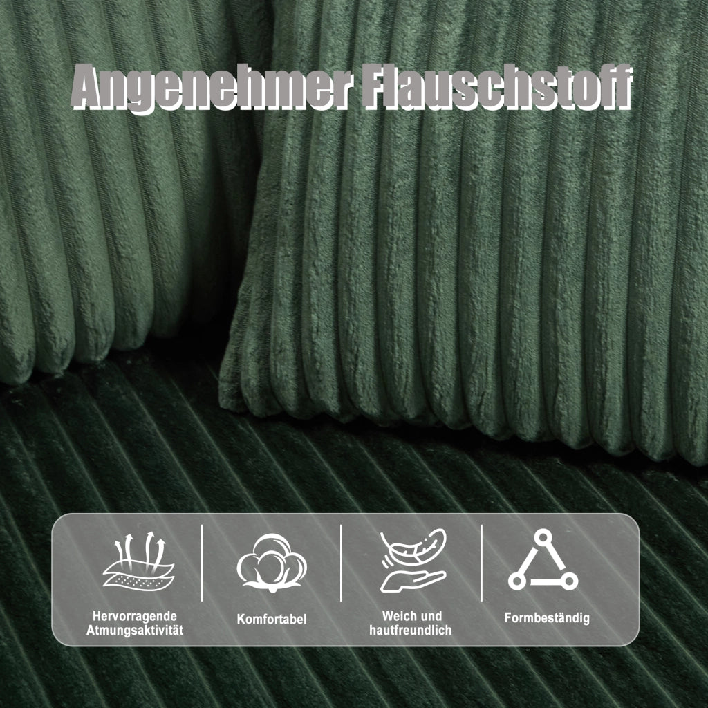 Divano modulare con chaise longue e 2 posti in velluto a coste con 5 cuscini e tasche laterali verde smeraldo