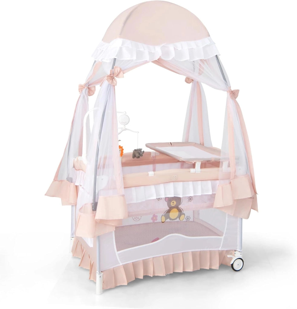 Lettino da Campeggio per Bambini, Culla Pieghevole con Fasciatoio Zanzariera, Box Neonati con Giocattoli, Ruote, per Bambini 0-36 Mesi (Grigio)