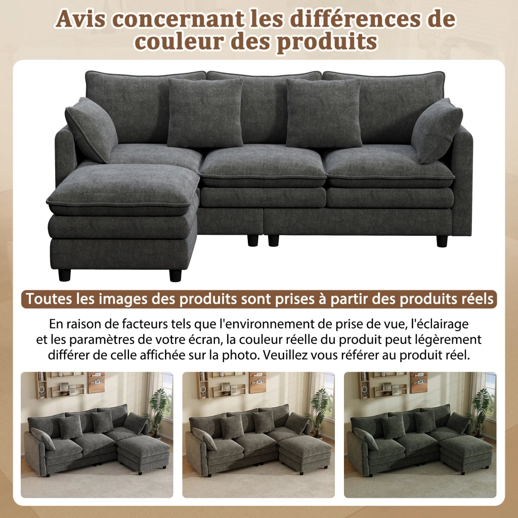 Divano angolare con chaise longue mobile 3 posti con 4 cuscini e 3 schienali in ciniglia grigia 212 × 150 × 90 cm