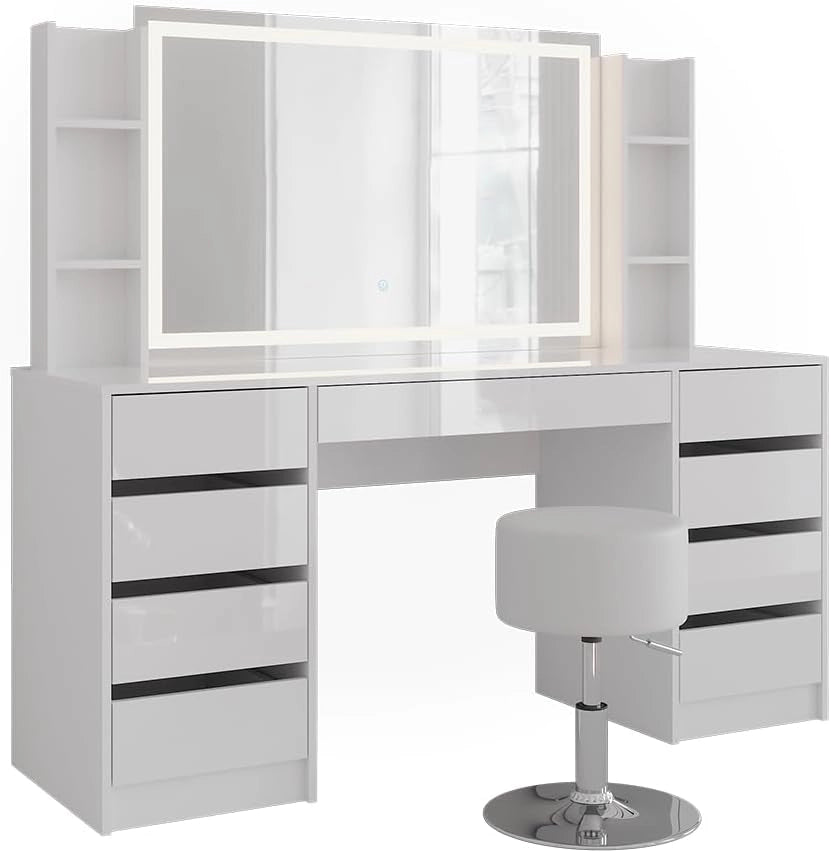 Tavolo da toeletta Sherry, Bianco/bianco lucido, 158.2 cm 5 parti, con illuminazione a LED e panca imbottita