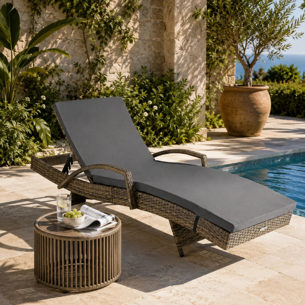 Lettino Prendisole Reclinabile In Polyrattan Con Schienale Regolabile E Cuscino Imbottito Ideale Per Giardino Terrazza Piscina E Relax Outdoor 190 x 62 x 34 Cm Marrone Chiaro