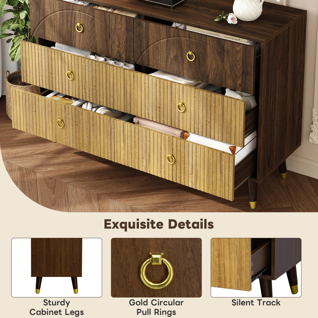 Credenza con 6 Cassetti; Maniglie ad Anello in Metallo Dorato; Stile Vintage; in MDF; 120??40??81 cm; Naturale